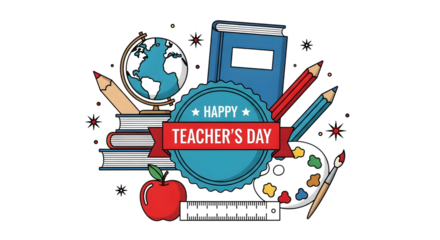 Happy teachers day illustration with school supplies, books, apple, and globe