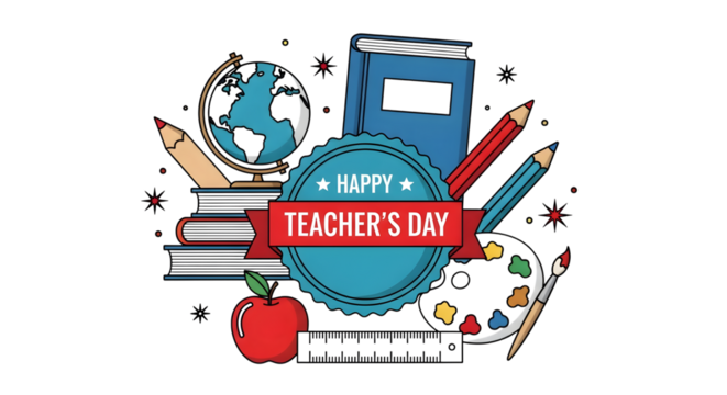Happy teachers day illustration with school supplies, books, apple, and globe
