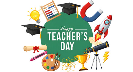 Happy teachers day celebration with educational and science icons like graduation cap, rocket, telescope, light bulb, and abacus