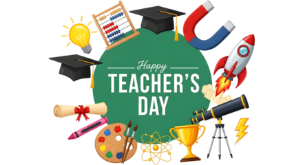 Happy teachers day celebration with educational and science icons like graduation cap, rocket, telescope, light bulb, and abacus