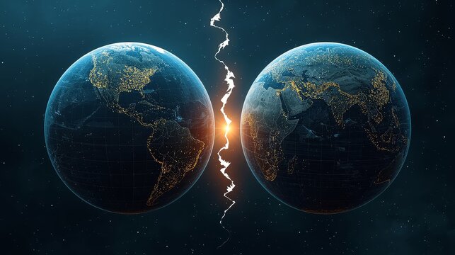 Two digital globes connected by a lightning bolt on a dark background - Powered by Adobe