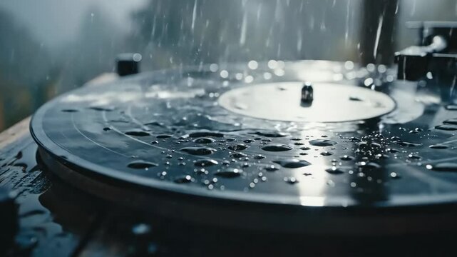 Vinyl record wet surface with rain droplets moody closeup water droplet texture moisture turntable
