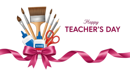 Happy teachers day greeting with art supplies like paintbrushes, scissors, glue bottles, and a pink ribbon bow