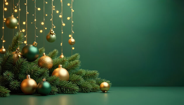 Elegant green gold Christmas holiday background. Festal season decor with fir tree branches, shiny ornaments, sparkling string lights. Blank copy space for seasonal greeting card, invitation design,