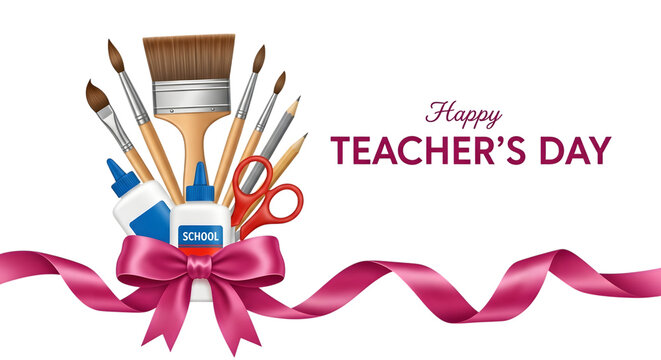 Happy teachers day greeting with art supplies like paintbrushes, scissors, glue bottles, and a pink ribbon bow