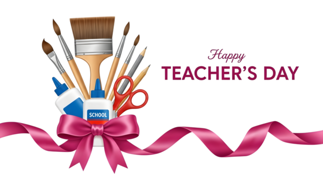Happy teachers day greeting with art supplies like paintbrushes, scissors, glue bottles, and a pink ribbon bow