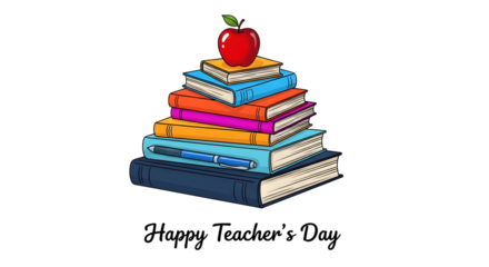 Stack of colorful books with a red apple on top and a pen, celebrating happy teachers day