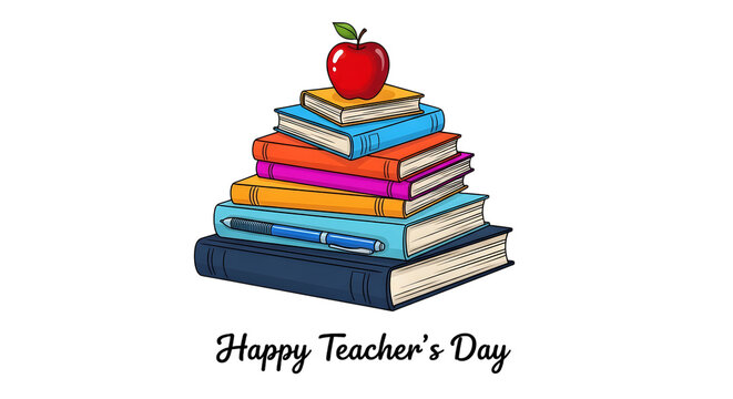 Stack of colorful books with a red apple on top and a pen, celebrating happy teachers day