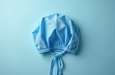 Blue surgical cap with ties lies on plain blue backdrop. Doctor surgeon hair covering accessory for sterile operating room. Medical headwear for healthcare professionals. Clean hygiene apparel.
