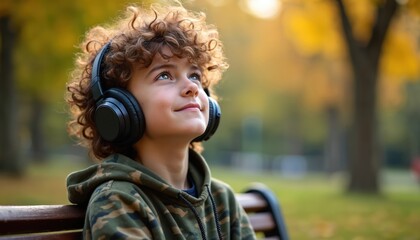 Young boy with curly hair listens to music podcast. Wears headphones, camouflage hoodie, sits on park bench. Kid enjoys sound in autumn nature. Happy child relaxing outdoors, peaceful thoughtful