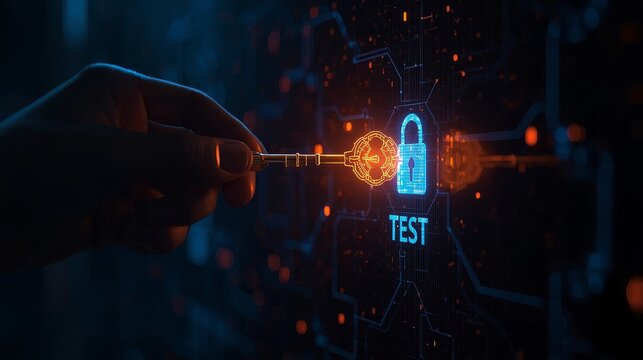 Hand unlocks digital padlock with key, data security concept illustration