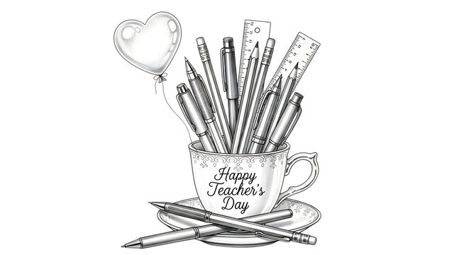 A cup filled with pens and pencils, a ruler, and a heartshaped balloon, celebrating teachers day