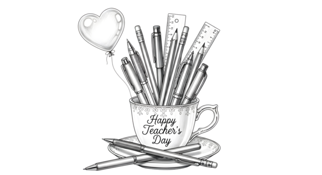 A cup filled with pens and pencils, a ruler, and a heartshaped balloon, celebrating teachers day