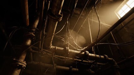 Pipes and wires in dark, aged, industrial interior, light from window - Powered by Adobe
