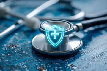 Stethoscope placed on a circuit board with a glowing shield and cross symbol representing the intersection of healthcare and technology security innovation