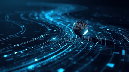 Abstract glowing sphere on a path of light, representing data flow concept