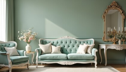 Elegant living room features tufted sofa armchair and ornate gold mirror. Soft mint green walls complement plush cushions. Floral arrangement on side table adds charm. Copy space available.