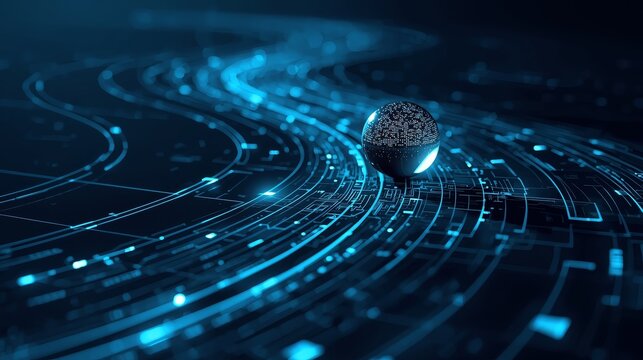 Abstract glowing sphere on a path of light, representing data flow concept