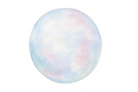 Transparent soap bubble floating, reflecting light with pastel watercolor hues, isolated on a transparent background