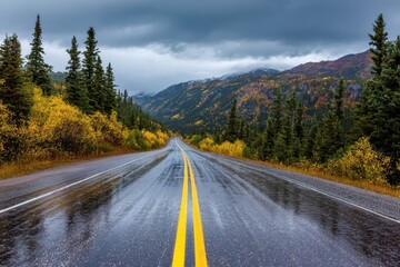 Scenic Drive Along Klondike Highway: Autumn Colors and Cloudy Skies in Yukon, Canada