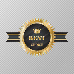 Best choice golden sign with diamonds and ribbon isolated on transparent background. Trophy for challenge. Award medal. Golden label. Design element for advertising.Premium quality.Vector illustration