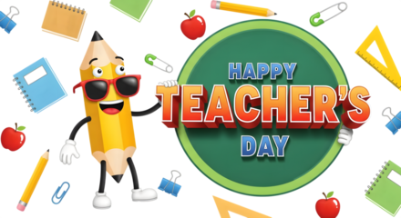 Happy teachers day greeting with a cartoon pencil character and school supplies