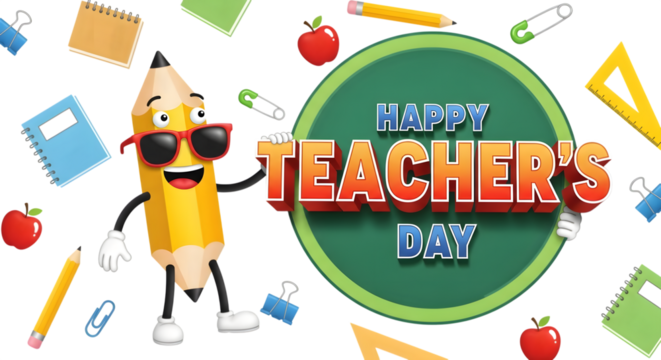 Happy teachers day greeting with a cartoon pencil character and school supplies