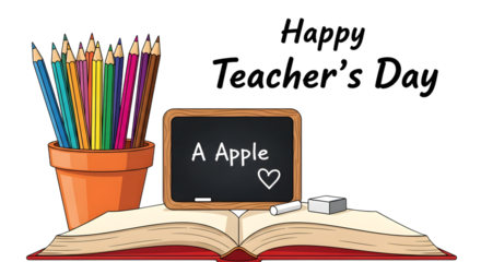 Happy teachers day illustration with a pot of colored pencils, an open book, a small chalkboard saying a apple, and chalk