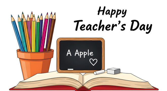 Happy teachers day illustration with a pot of colored pencils, an open book, a small chalkboard saying a apple, and chalk