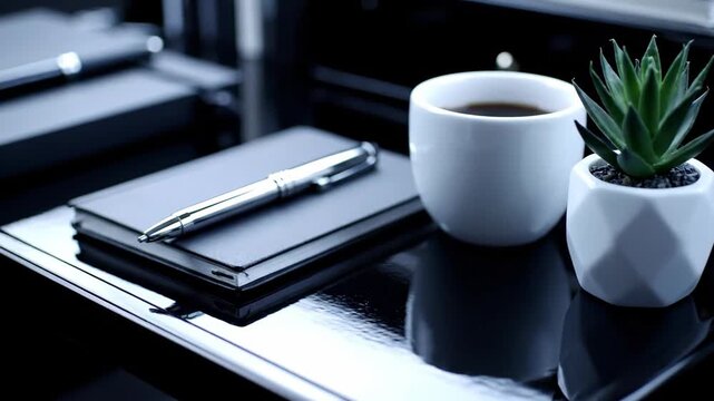 Close-up of a desk with notepad, pen, coffee, and small succulent