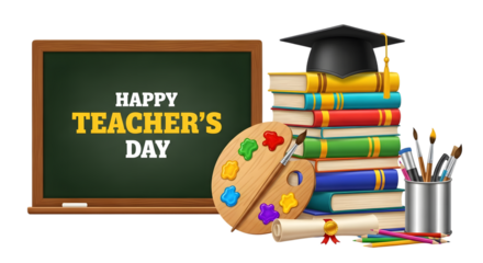 Happy teachers day concept with blackboard, stack of books, graduation cap, art palette, brushes, and diploma