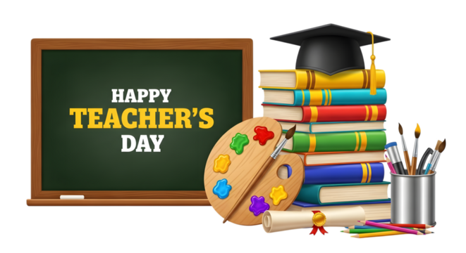 Happy teachers day concept with blackboard, stack of books, graduation cap, art palette, brushes, and diploma
