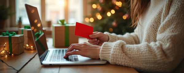 Woman shops online for Christmas gifts using laptop and credit card. Presents are wrapped and tied with green ribbon. Festive lights twinkle on the decorated Christmas tree in background.