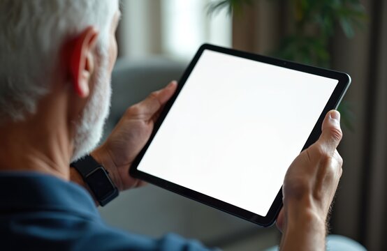Senior man uses tablet. Old man with white hair browsing internet. Grandpa holds modern device with empty screen. Person wears smartwatch enjoys time with portable tech at home.