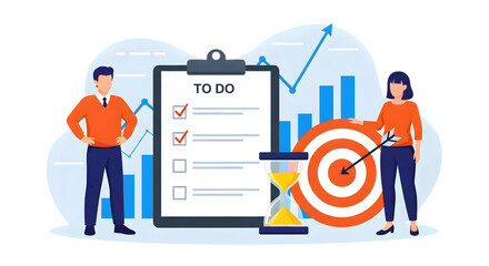 Business team achieving goals with a todo list, target, hourglass, and growth chart, symbolizing planning and success