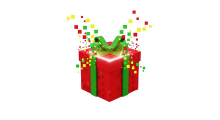 Vibrant pixel art gift box with glowing light and exploding digital confetti, symbolizing virtual rewards, online shopping, and festive surprises. isolated on transparent background