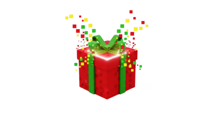Vibrant pixel art gift box with glowing light and exploding digital confetti, symbolizing virtual rewards, online shopping, and festive surprises. isolated on transparent background