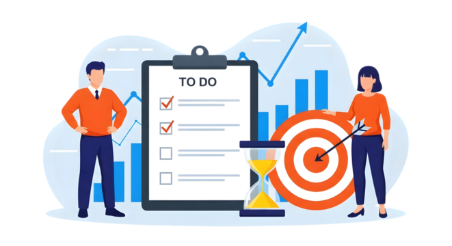 Business team achieving goals with a todo list, target, hourglass, and growth chart, symbolizing planning and success