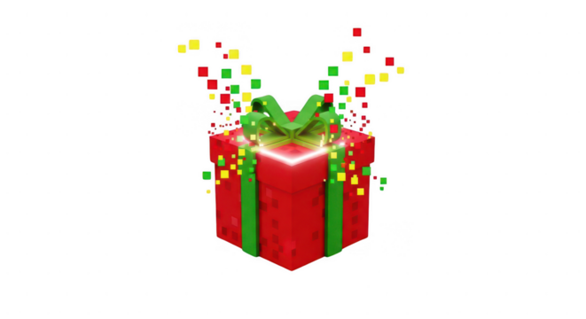 Vibrant pixel art gift box with glowing light and exploding digital confetti, symbolizing virtual rewards, online shopping, and festive surprises. isolated on transparent background