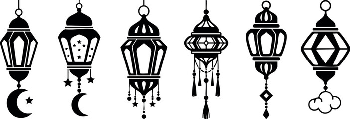 Traditional Islamic lantern icons with crescent moon and decorative elements vector design set