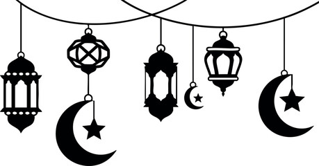 Hanging Islamic lanterns and crescent moons decoration for Ramadan and Eid celebration vector art