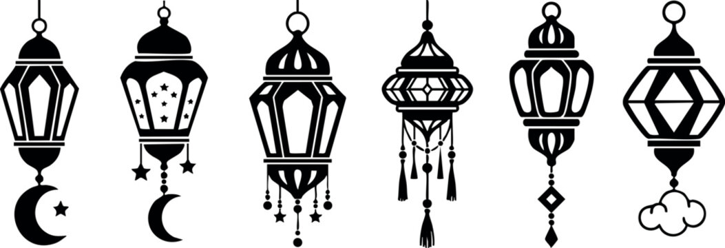 Traditional Islamic lantern icons with crescent moon and decorative elements vector design set