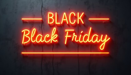Bright orange neon sign displays BLACK FRIDAY text glowing against textured dark wall. Visual advertises major retail sales event, discounts, special offers for shoppers during holiday season.