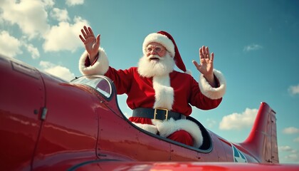 Santa Claus waves from red airplane cockpit. Excited man in festive suit travels by plane, bringing holiday joy and Christmas cheer. Sky and clouds background.