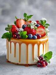 Naklejka premium Elegant creamy cake with caramel glaze topped with fresh strawberries blueberries and decorative mint leaves on a textured surface in soft natural light