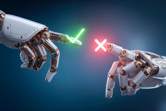 Two robotic hands pointing at each other with glowing green check mark and red cross symbols representing right and wrong choices in technology concept - Powered by Adobe