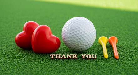 Naklejka premium Two red heart shapes, a white golf ball and two tee on a green grass surface, expressing gratitude and appreciation, Valentine's Day concept