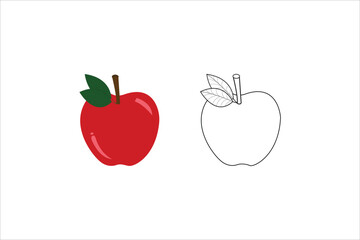 Red Apple Clipart with Leaf and Outline Version – Vector Fruit Illustration