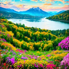 Naklejka premium Stunning mountain landscape with blooming flowers near lake Generative AI