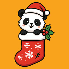Cute cartoon baby panda wearing santa hat peeking from festive christmas stocking with holly and snowflakes illustration